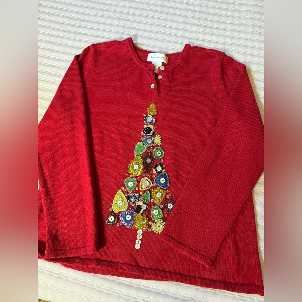 Susan Bristol‎ Christmas Sweater Women’s XL Cotton Ramie Beaded Tree